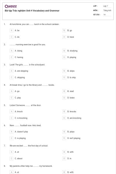 Bài tập Trắc nghiệm Unit 4 Vocabulary and Grammar