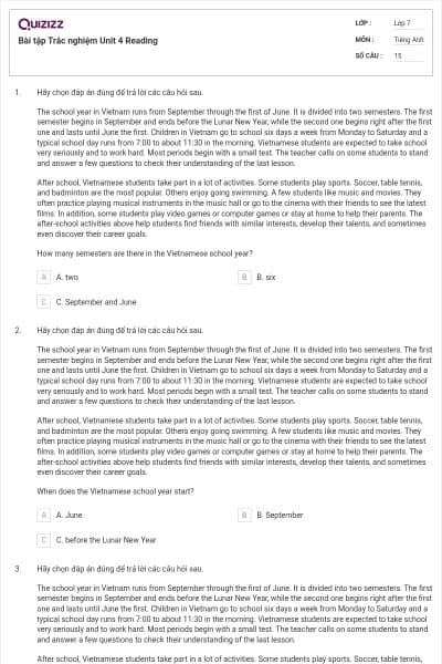 Bài tập Trắc nghiệm Unit 4 Reading