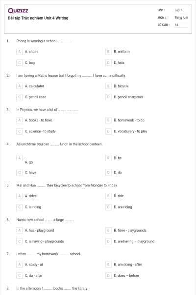 Bài tập Trắc nghiệm Unit 4 Writing