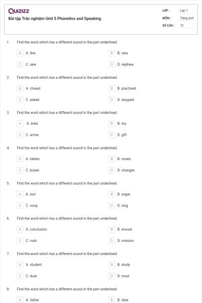 Bài tập Trắc nghiệm Unit 5 Phonetics and Speaking