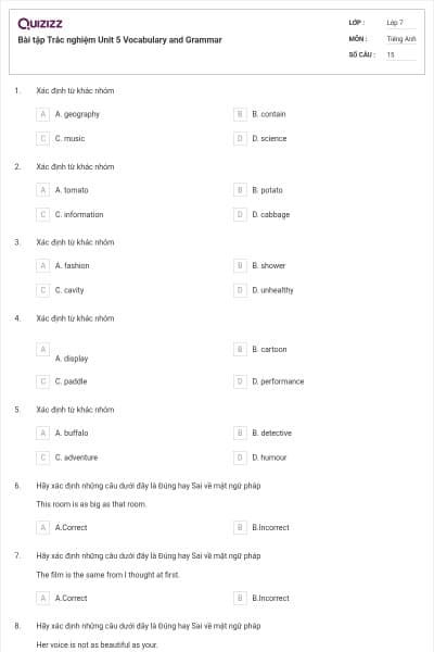 Bài tập Trắc nghiệm Unit 5 Vocabulary and Grammar