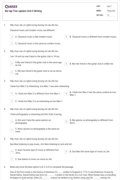 Bài tập Trắc nghiệm Unit 5 Writing