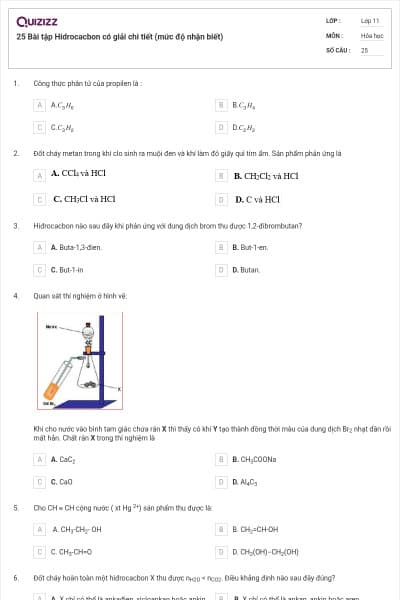 25 Bài tập Hidrocacbon có giải chi tiết (mức độ nhận biết)