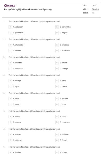 Bài tập Trắc nghiệm Unit 6 Phonetics and Speaking