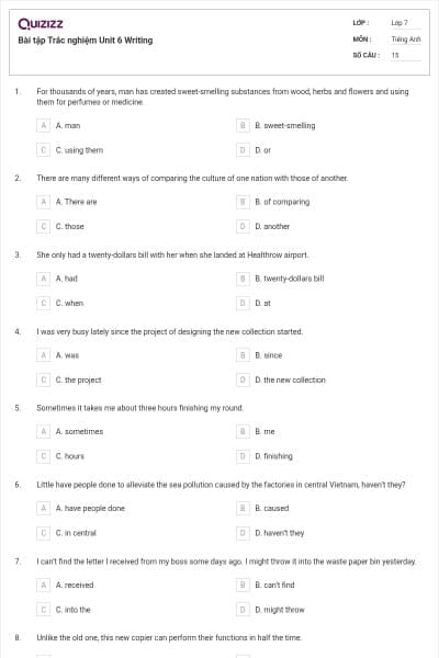 Bài tập Trắc nghiệm Unit 6 Writing