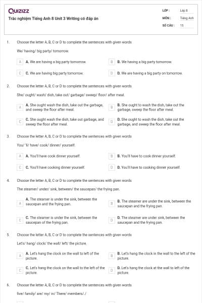 Trắc nghiệm Tiếng Anh 8 Unit 3 Writing có đáp án