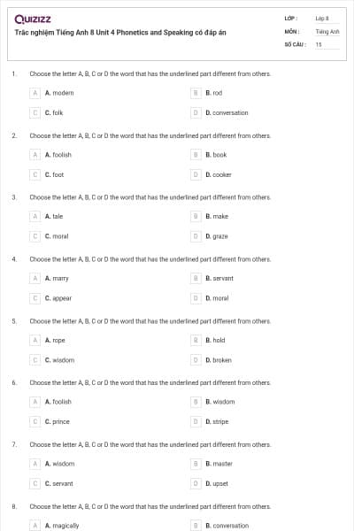 Trắc nghiệm Tiếng Anh 8 Unit 4 Phonetics and Speaking có đáp án