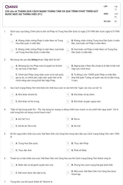 220 câu về THÀNH QUẢ CÁCH MẠNG THÁNG TÁM VÀ QUÁ TRÌNH PHÁT TRIỂN ĐẤT NƯỚC MỨC ĐỘ THÔNG HIỂU (P1)