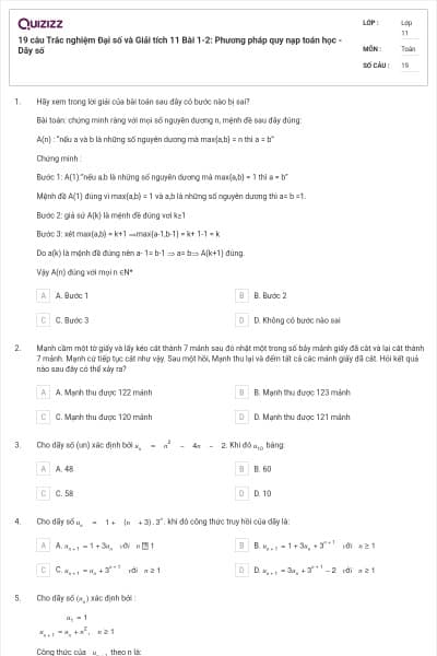 19 câu Trắc nghiệm Đại số và Giải tích 11 Bài 1-2: Phương pháp quy nạp toán học - Dãy số