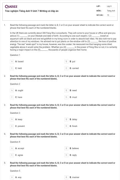 Trắc nghiệm Tiếng Anh 9 Unit 7 Writing có đáp án
