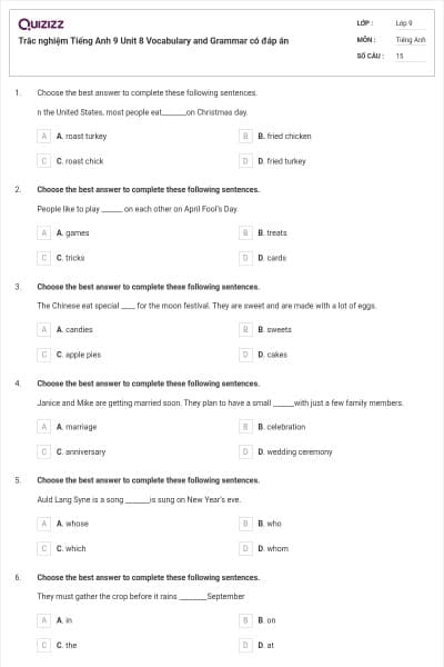 Trắc nghiệm Tiếng Anh 9 Unit 8 Vocabulary and Grammar có đáp án