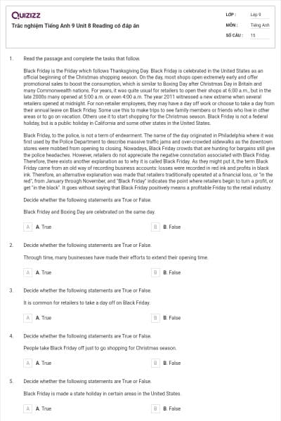 Trắc nghiệm Tiếng Anh 9 Unit 8 Reading có đáp án