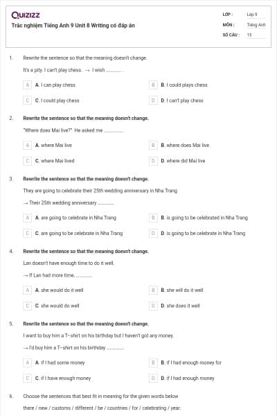 Trắc nghiệm Tiếng Anh 9 Unit 8 Writing có đáp án