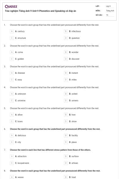 Trắc nghiệm Tiếng Anh 9 Unit 9 Phonetics and Speaking có đáp án