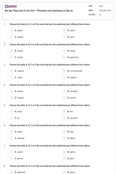 Bài tập Tiếng Anh 8 mới Unit 1 Phonetics and Speaking có đáp án