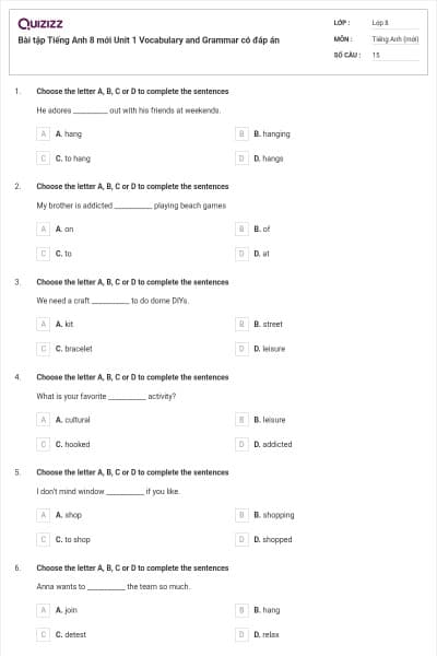 Bài tập Tiếng Anh 8 mới Unit 1 Vocabulary and Grammar có đáp án