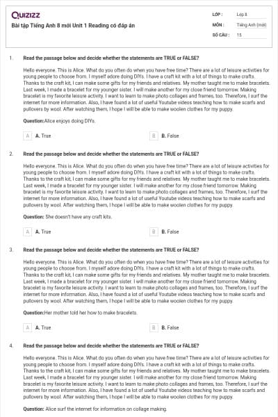 Bài tập Tiếng Anh 8 mới Unit 1 Reading có đáp án