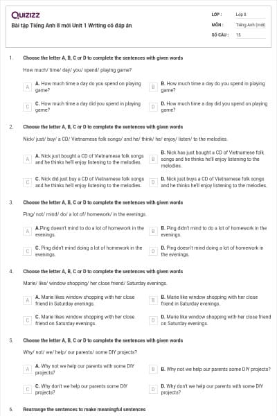 Bài tập Tiếng Anh 8 mới Unit 1 Writing có đáp án