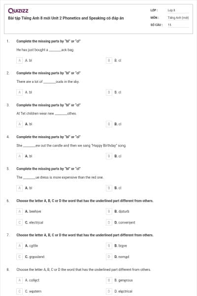 Bài tập Tiếng Anh 8 mới Unit 2 Phonetics and Speaking có đáp án