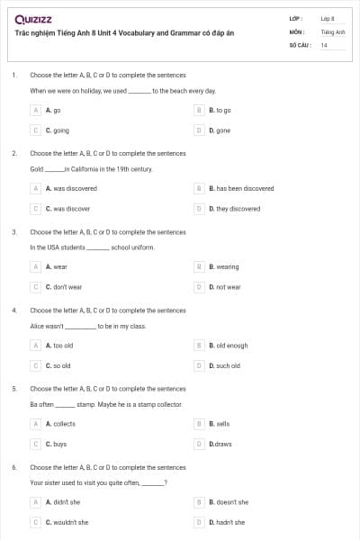 Trắc nghiệm Tiếng Anh 8 Unit 4 Vocabulary and Grammar có đáp án