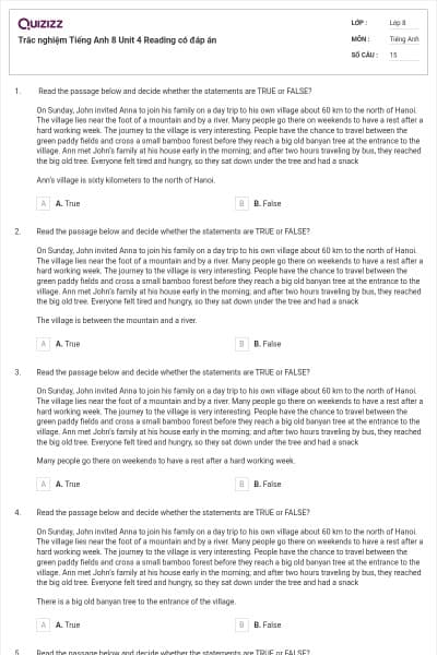 Trắc nghiệm Tiếng Anh 8 Unit 4 Reading có đáp án