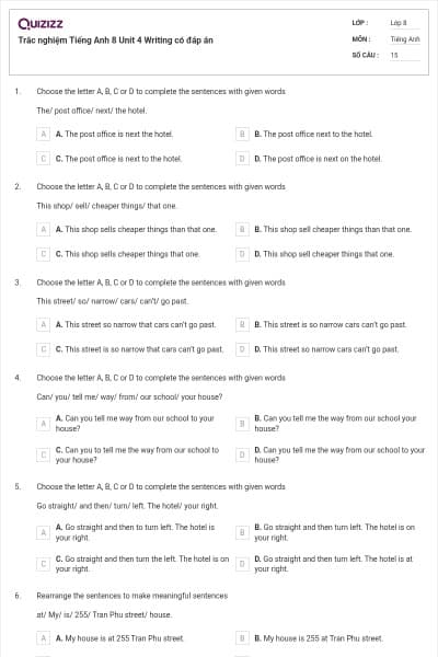 Trắc nghiệm Tiếng Anh 8 Unit 4 Writing có đáp án