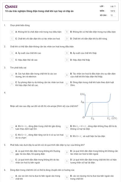 10 câu trắc nghiệm Dòng điện trong chất khí cực hay có đáp án