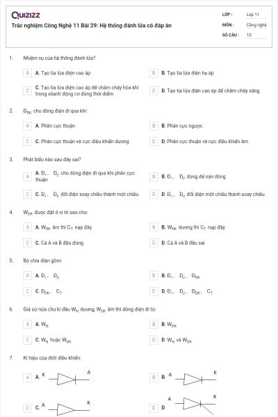 Trắc nghiệm Công Nghệ 11 Bài 29: Hệ thống đánh lửa có đáp án