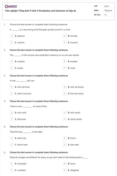 Trắc nghiệm Tiếng Anh 9 Unit 9 Vocabulary and Grammar có đáp án