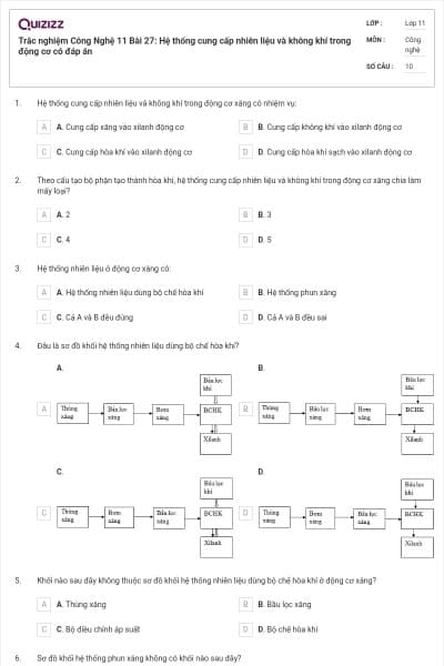 Trắc nghiệm Công Nghệ 11 Bài 27: Hệ thống cung cấp nhiên liệu và không khí trong động cơ có đáp án