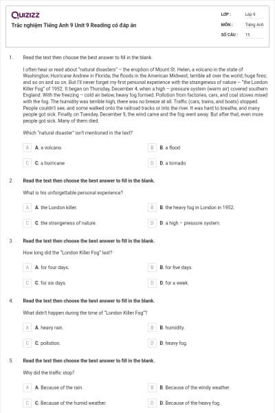 Trắc nghiệm Tiếng Anh 9 Unit 9 Reading có đáp án