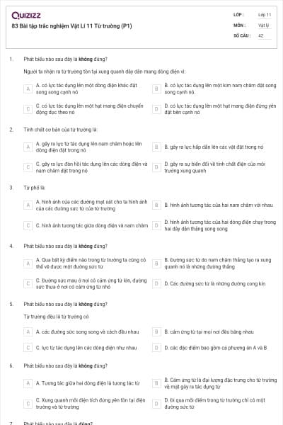 83 Bài tập trắc nghiệm Vật Lí 11 Từ trường (P1)