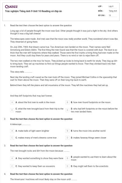 Trắc nghiệm Tiếng Anh 9 Unit 10 Reading có đáp án