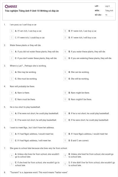 Trắc nghiệm Tiếng Anh 9 Unit 10 Writing có đáp án