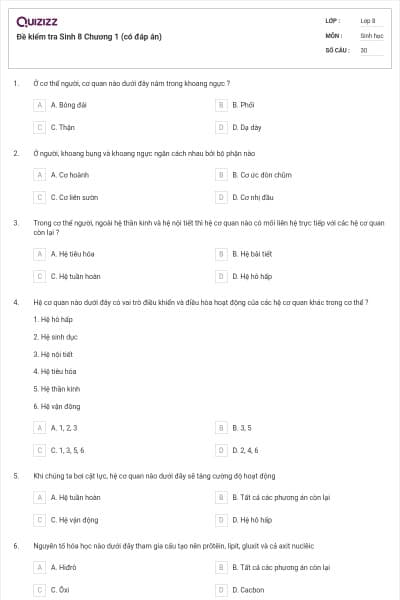 Đề kiểm tra Sinh 8 Chương 1 (có đáp án)