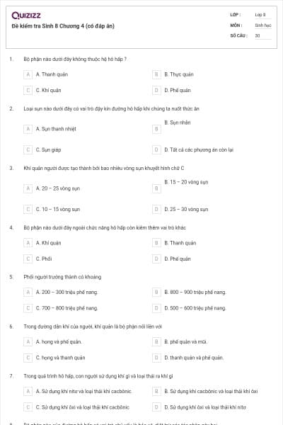 Đề kiểm tra Sinh 8 Chương 4 (có đáp án)