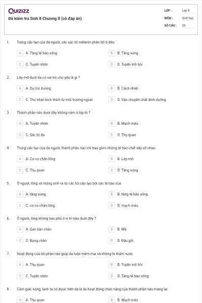 Đề kiểm tra Sinh 8 Chương 8 (có đáp án)