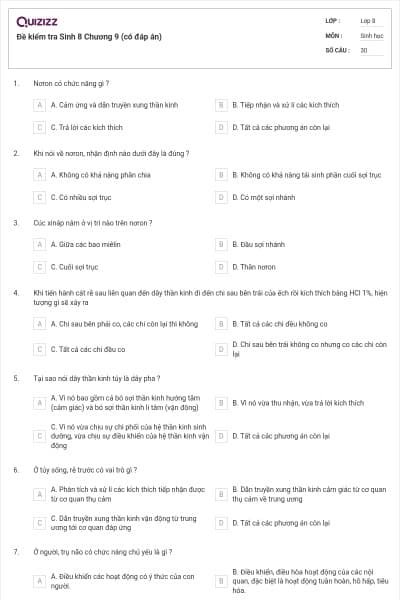 Đề kiểm tra Sinh 8 Chương 9 (có đáp án)