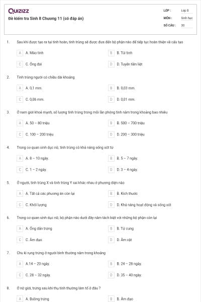 Đề kiểm tra Sinh 8 Chương 11 (có đáp án)