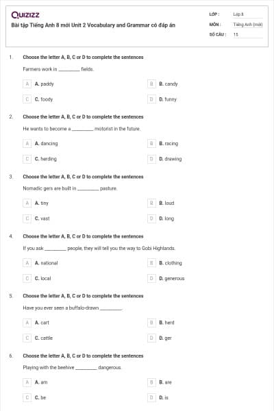 Bài tập Tiếng Anh 8 mới Unit 2 Vocabulary and Grammar có đáp án