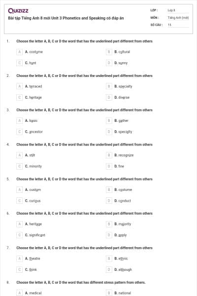 Bài tập Tiếng Anh 8 mới Unit 3 Phonetics and Speaking có đáp án