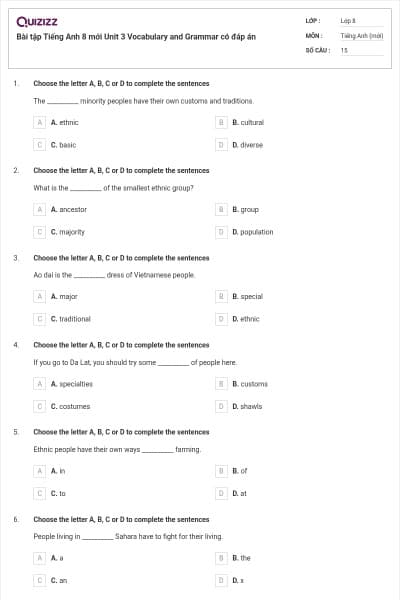 Bài tập Tiếng Anh 8 mới Unit 3 Vocabulary and Grammar có đáp án
