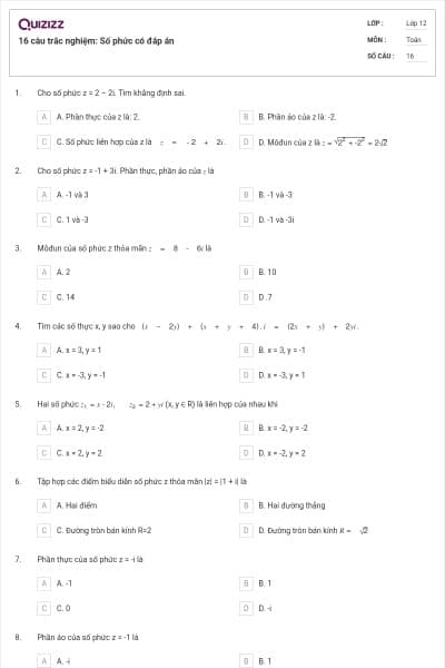 16 câu trắc nghiệm: Số phức có đáp án
