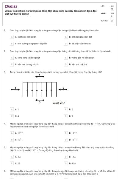 20 câu trắc nghiệm Từ trường của dòng điện chạy trong các dây dẫn có hình dạng đặc biệt cực hay có đáp án