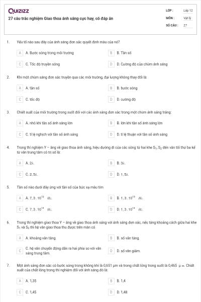 27 câu trắc nghiệm Giao thoa ánh sáng cực hay, có đáp án