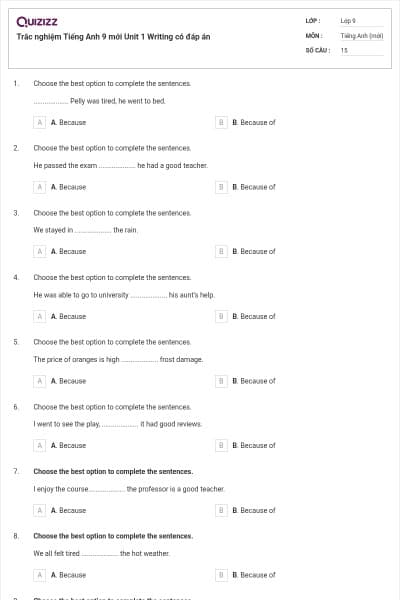 Trắc nghiệm Tiếng Anh 9 mới Unit 1 Writing có đáp án