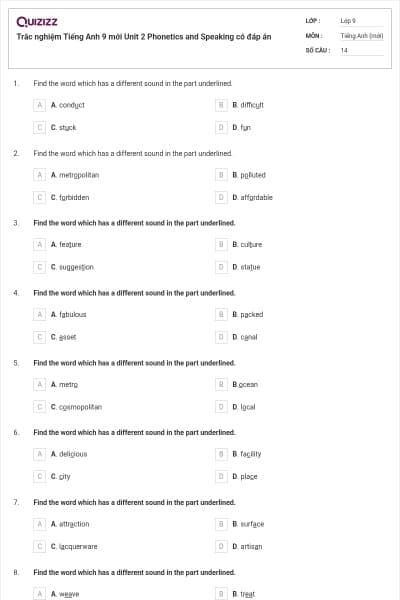 Trắc nghiệm Tiếng Anh 9 mới Unit 2 Phonetics and Speaking có đáp án
