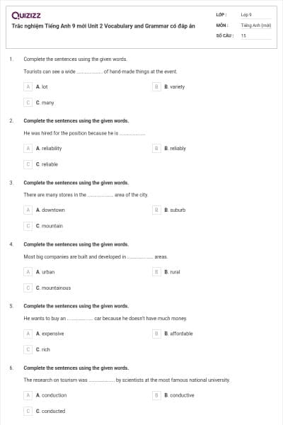 Trắc nghiệm Tiếng Anh 9 mới Unit 2 Vocabulary and Grammar có đáp án