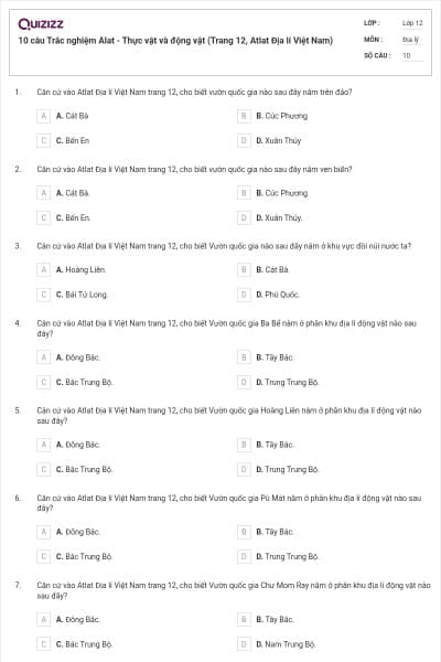 10 câu Trắc nghiệm Alat - Thực vật và động vật (Trang 12, Atlat Địa lí Việt Nam)