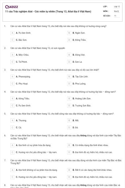 11 câu Trắc nghiệm Alat - Các miền tự nhiên (Trang 13, Atlat Địa lí Việt Nam)